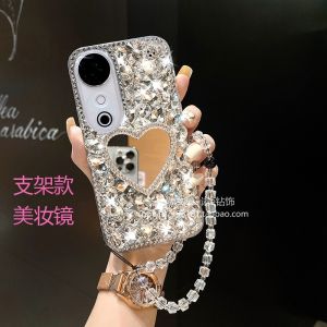 Luxury Rhinestone Full Cover Mirror Phone Case for VivoS19 S19pro Y22s S18 X90 X100 X100Spro Protective Shell with Stand Women Style