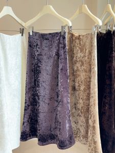 Elegant Diamond Velvet Fleece Lined A-Line Midi Skirt Womens Winter Small Size Thickened Draping Velvet Skirt High Waist Elastic Waist
