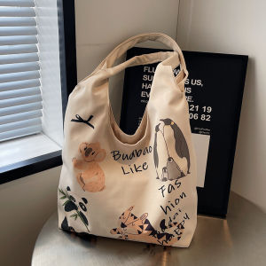 Large Capacity Original Animal Zoo Illustration Canvas Tote Bag for Women Fashionable Commuter Underarm Bag Ideal for University Students