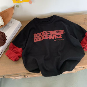 ฤดูใบไม้ผลิ ฤดูใบไม้ร่วง บล็อกสีแขนยาวเด็กชาย เสื้อฮู้ด เสื้อยืดสองชิ้นปลอมสําหรับเด็กแขนยาวจับคู่เด็กชาย เสื้อท่อนบน ผ้าฝ้าย โพลีเอสเตอร์ Blend