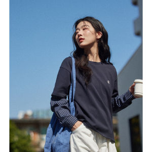 Plaid Patchwork Round Neck Dark Blue Long Sleeve T-Shirt