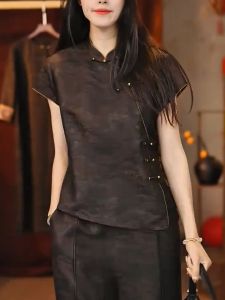 QINGNAER | Vintage Chinese Style Embroidery Stand Collar Oblique Button Short Sleeve Shirt Large
