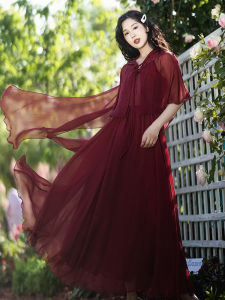 Red Vintage Strap Dress Womens Summer Splicing Waist Long Dress Hooded Shawl Two-Piece Set Elegant Casual Commute Style