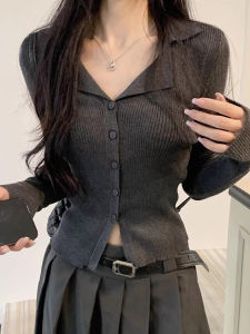 เสื้อสเวตเตอร์ถักสีเทาสไตล์เกาหลีสำหรับผู้หญิง ฤดูใบไม้ร่วง/ฤดูหนาว เสื้อเชิ้ตคอโปโล ดีไซน์เก๋ไก๋ แขนยาว ปกติ