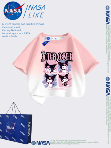 NASA Kurokos Short Sleeve T-Shirt for Girls Pure Cotton Gradient Color Summer Breathable Comfortable Cartoon Print round Neck