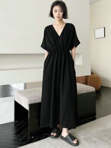 Design Sensation A-Line Black Dress V-Neck Commute Dress Summer 2023 High Waist Short Sleeve Long Dress for Young Women 25-29