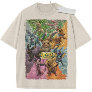 Bandai | Vintage Washed Oversized T-Shirt Pokemon Eevee Family Anime Print Streetwear Casual Daily Wear for Men Women Campus​