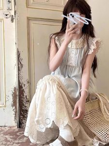 Phim Truyền Hình Hàn Quốc Lấy Cảm Hứng Từ Áo Nửa Tay Dài Ngọt Ngào Và Tươi Mát Có Cổ Phối Ren Phối Hợp Váy Midi Cho Nữ