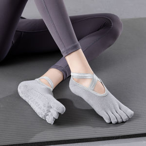 Pure Cotton Yoga Socks Five-Fingered Non-Slip Floor Socks Pilates Mat Pink Cross-Band Ankle-Length Gym Fitness Fans Supplies