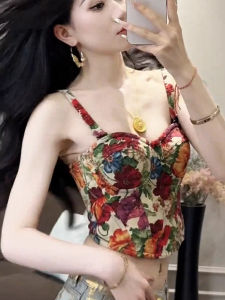 chaqi | Chic Chinese Style Butterfly Retro Sweet Spicy Floral Crop Top Women Summer Design Sleeveless Short Vest Floral Print Casual Wear
