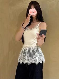 plus Size V-Neck Lace Strap Vest Womens Inner Wear Hem Ruffle Curtain Splice Mesh Sleeveless Top Commute Style Slim Fit