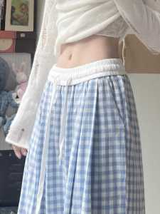 Quần Ống Rộng Kẻ Caro Màu Xanh Cổ Điển Của Mỹ Cạp Cao Dài Đến Sàn Cho Nữ Mùa Hè