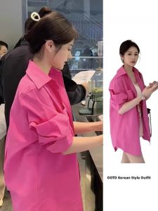 Early Autumn Pink Womens Shirt Long Sleeve Loose Design Korean Style Commute Pure Color Button up Casual Fashion Top