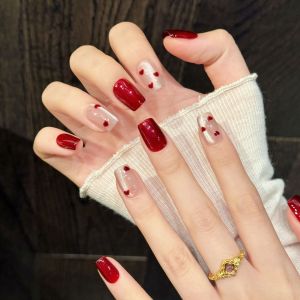 10Pcs Short Almond Nails Red Nude Heart Design Sweet Romantic Handmade Press On Nails with 4-PIECE Tool Adhesive Nail Glue Tabs