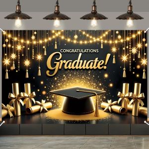 2026 Happy Graduation Backdrop Glitter Balloon Bachelor Cap Grad Class of Graduates Party Photography Background Decor Supplies