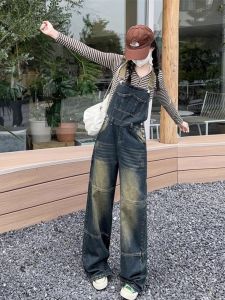 Retro American Gradient Denim Overalls Womens Loose Slim Straight Wide Leg Long Pants High Waist Spring New Style
