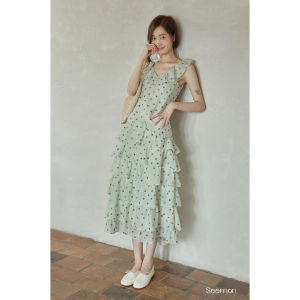 seemon | New Summer Korean Long Green Polka Dot V-Neck Ruffled Sleeveless Dress