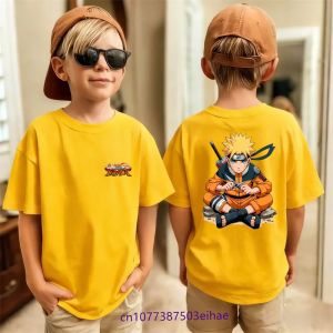 Bandai | Japanese Anime Naruto Boys Cotton T-shirt Graphic Short-Sleeved Sasuke Design Comic Merchandise Childrens Wear