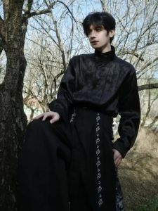 New Chinese Style Mens Ice Silk Long Sleeve Shirt with Button Design Suitable for Summer And Matched with Horse Tails Skirt