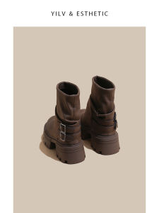 Retro Brown Thick Bottom Martin Boots Womens Cuff Boots 2024 New Autumn Winter Versatile Small Size Pleated Short Boots