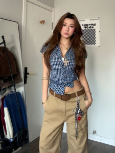 plus Size Blue Plaid Slim Fit Short Sleeve Shirt Womens Summer Fashion Commute Style V-Neck Single Button Closure Casual Shirt