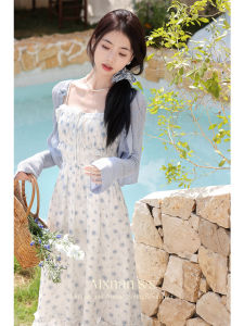 Elegant Two-Piece Set French Strap Dress by Lu Xiang Nan Summer 2025 Floral Print Midi Skirt And Top Zipper Closure A-Line Silhouette