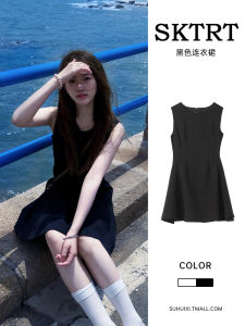 Black Sleeveless Vest Dress Womens Summer Mini A-Line Skirt High Waist Princess Style Pure Color Cotton Blend Fabric