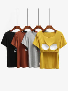 Modal Short-Sleeved T-shirt with Chest Pad Womens Summer Bra-Free Cup Integrated Half-Sleeved Loose Plus Size Yoga Primer
