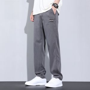 ROMON | Lormen Mens Ice Silk Casual Pants Summer Thin Wide Leg Lyocell Light Blue Jeans Straight Loose Long Trousers Fashionable Urban Style