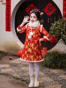 New Year Thickened Childrens Cheongsam Dress Baby New Year Celebration Clothing Red Ancient Costume Short Flag Robe for Girls