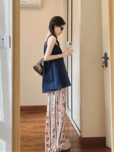 ชุดเดรสแขนกุดพิมพ์ลายสไตล์วินเทจย้อนยุคสไตล์ตะวันตกสำหรับผู้หญิงในช่วงฤดูร้อน ชุดสองชิ้น ชุดไปเที่ยวชายหาด