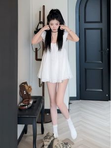 Pure White Mini Dress Womens Summer Short Waist-Cinching French Style A-Line Skirt Short Sleeve round Neck Casual Dress
