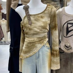Spring 2025 Dongdaemun Vintage Tie Dye Asymmetrical Shoulder T-Shirt Womens Slimming Top Korean Style Long Sleeve Crew Neck