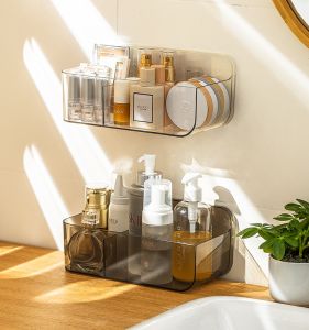 กล่องเก็บเครื่องสำอางติดผนังแบบไม่ต้องเจาะ ชั้นวางสบู่ กระจก ชั้นวางเครื่องสำอางในห้องน้ำแบบป้องกันน้ำได้ พลาสติก สไตล์ยุโรปเหนือ