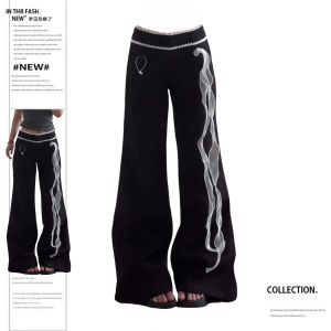 Quần Dài Thường Ngày Ren Cạp Thấp Màu Đen Cỡ Lớn Cho Nữ Mùa Hè 2025 Quần Dài Ống Rộng Phong Cách Đường Phố