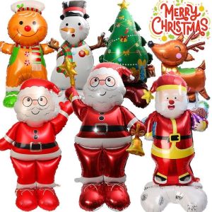 Christmas Standing Santa Claus Balloons / Large Size Blow Up Snowman Elk Xmas Tree / Inflatable Aluminum Foil Balloon for Kids / Navidad Party Supplies Home Decoration