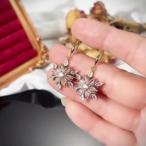 Huitan Aesthetic Snowflake Shaped Women Drop Earrings Inlaid Shiny Pink/White CZ Trendy Accessories Jewelry for Party Wedding