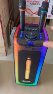 ตู้ลำโพงบลูทูธ พกพา 8นิ้ว x2ดอก แสงสีวิบวับ เปลี่ยนโหมดไฟได้ 6500 W PM.PO. พร้อมไมค์ลอย2อัน รุ่น ML-200514 สีดำ