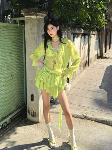 Original RunRunSweet Lazy Summer Outfit Loose Frock Shirt And Cake Skirt Spring Collection Womens Fashion Set V Neck Button Detail