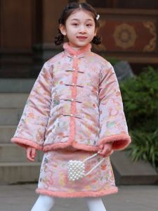 Childrens New Year Outfit Girls Hanfu Skirt Suit Winter Thickened Cotton Jacket Traditional Chinese Style Toddler Girls Clothing