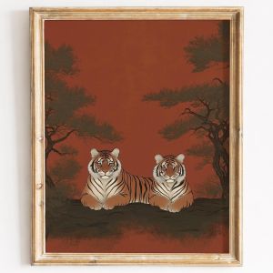 Japanese Tiger Poster Vintage Wildlife Art Print Red Oriental Wall Art Traditional Woodblock Style Zen Nature Home Decor