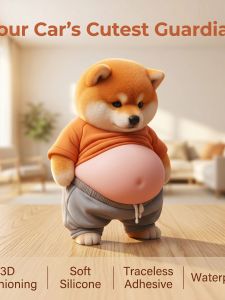 3D Shiba Inu Dog Belly Sticker - Cute puppy wearing orange outfit with soft pink background silicone self-adhesive