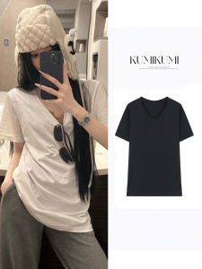 White V-neck Short Sleeve Loose Fit T-shirt Womens Summer Lazy Style Casual Basic Versatile Top Korean Style Commute Pure Color