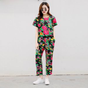 Bộ Đồ Ngủ Họa Tiết Hoa Cotton Lanh Phong Cách Trung Hoa Cho Nam Bộ Quần Áo Mặc Nhà Mùa Hè Thường Ngày Thoải Mái Thoáng Khí