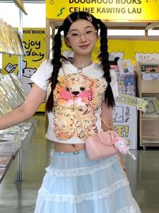 Summer Short Sleeve T-Shirt Womens Slim Fit Pure Cotton Printed Top Trendy Shoulder Length Dopaamine Style Cute Fashion