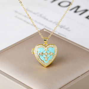 Sweet Heart-Shaped Enamel Art Flip-Open Photo Box Zircon Necklace Light Luxury for Women Girls Holiday Jewelry Mothers Day Gift
