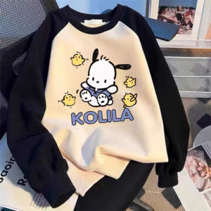 Girls Fashionable Color Block round Neck Fleece Lined Sweatshirt with Kuroko Print Warm Outerwear Cute Versatile Autumn Winter Clothes