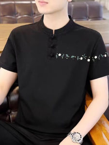 Ice Silk Short Sleeve Mens T-Shirt Embroidered Chinese Style Tang Suit Buttoned Hanfu Half Sleeve Summer Fashion Breathable