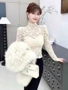 chaqi | French Style Pure Desire Hollow Out Lace Insert Slimming Stand Collar Half High Collar Base Shirt Women Autumn Winter Fashion