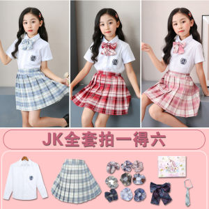 ชุดเดรส JK สำหรับเด็กชุดกระโปรงเด็กผู้หญิงแบบใหม่ฤดูร้อนชุดกระโปรงสั้นสำหรับนักเรียนประถมกระโปรงจับจีบลายสก๊อตสำหรับเด็กหญิง